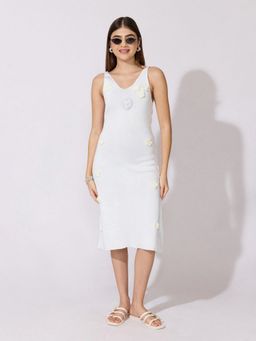 SHOWOFFFF - Women White Midi Floral Applique Detail Dress