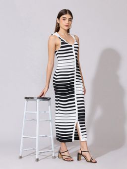 SHOWOFFFF - Women Striped Black Bodycon Collar Neck Maxi Dress