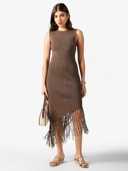 SHOWOFFFF - Women Asymmetric Brown Midi Knit Fringe Hem Dress