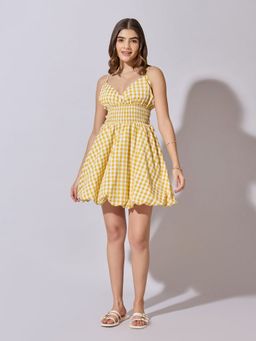 SHOWOFFFF - Women Checked Yellow Fit and Flare Mini Dress