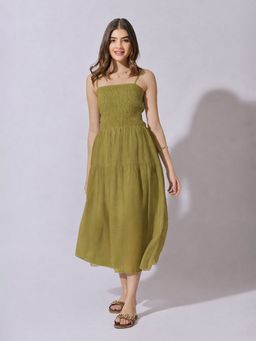 SHOWOFF - Women Smocked Olive Tiered Midi Dress