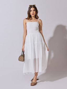 SHOWOFF - Women Smocked White Tiered Midi Dress