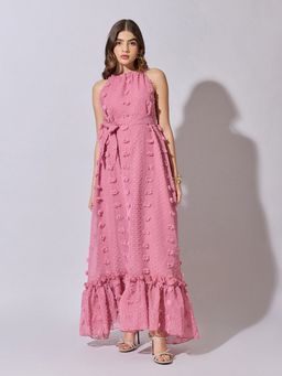 SHOWOFFFF - Women Textured Pink Halter Neck Maxi Dress
