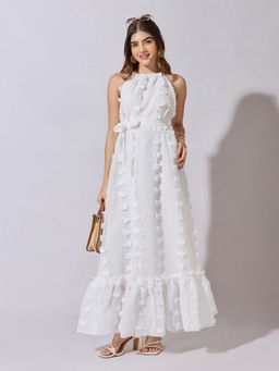 SHOWOFF - Women Textured White Halter Neck Maxi Dress