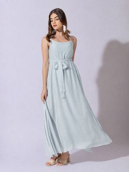 SHOWOFFFF - Women Blue Sleeveless Maxi Dress with Belt Tie