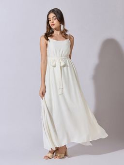 SHOWOFFFF - Women Cream Sleeveless Maxi Dress with Belt Tie