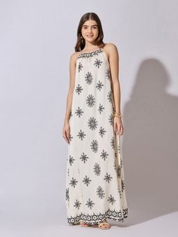 SHOWOFFFF - Women Printed Cream Halter Neck Maxi Dress