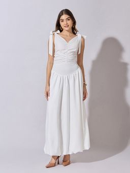 SHOWOFFFF - Women White Ruched Shoulder Tie-Up Maxi Dress