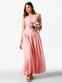 SHOWOFFFF - Women Pink Ruched Shoulder Tie-Up Maxi Dress