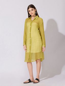 SHOWOFFFF - Women Green Sheer Knee Length Shirt Dress