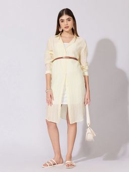 SHOWOFFFF - Women Striped Yellow Sheer Knee Length Shirt Dress