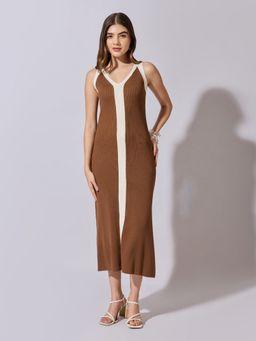 SHOWOFF - Women Ribbed Brown Contrast Panel Midi Dress