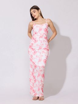 SHOWOFFFF - Women Floral Pink Bodycon Ruched Maxi Dress