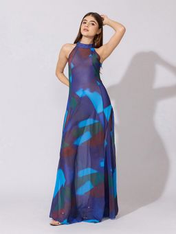 SHOWOFFFF - Women Abstract Blue Halter Neck Sheer Maxi Dress