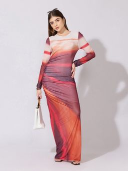 SHOWOFFFF - Women Abstract Red Ruched Bodycon Mesh Maxi Dress