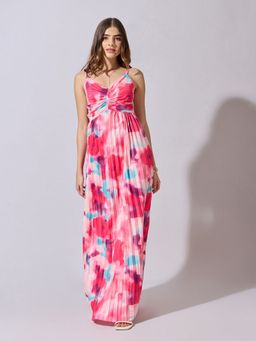 SHOWOFFFF - Women Floral Print Pink Pleated Maxi Dress