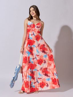 SHOWOFFFF - Women Floral Print Red Pleated Maxi Dress