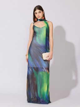 SHOWOFF - Women Abstract Ombre Multi-Color Mesh Maxi Dress with Neck Tie
