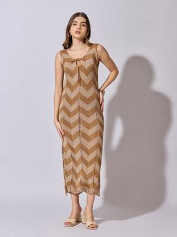 SHOWOFFFF - Women Knitted Brown Chevron Pattern Sleeveless Midi Dress