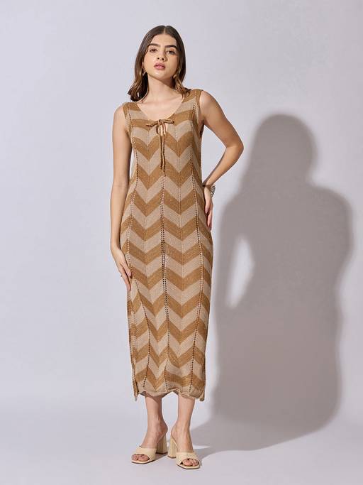 Buy SHOWOFFFF Women Knitted Brown Chevron Pattern Sleeveless Midi Dress Online