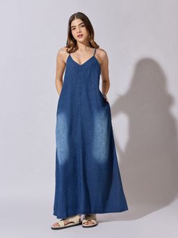 SHOWOFF - Women Denim Blue Ombre A-Line Maxi Dress