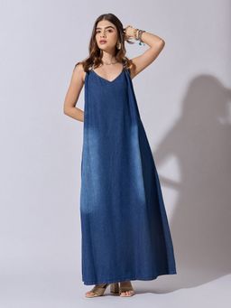 SHOWOFFFF - Women Denim Blue Solid A-Line Maxi Dress