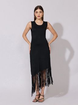 SHOWOFFFF - Women Asymmetric Black Fringe Maxi Dress