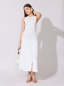 SHOWOFFFF - Women Knitted White Zip-Front Maxi Dress
