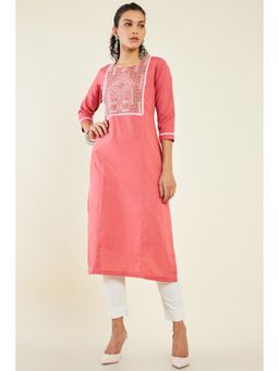 Soch - Women Pink Cotton Embroidered Kurta