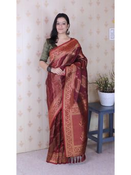 ELITE WEAVES - Maroon Leheriya Woven Saree With Unstitched Blouse