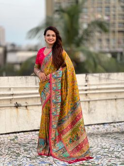 ELITE WEAVES - Mustard Viscose Woven Saree With Unstitched Blouse
