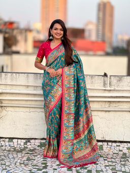 ELITE WEAVES - Teal Viscose Woven Saree With Unstitched Blouse