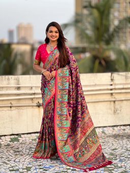 ELITE WEAVES - Wine Viscose Woven Saree With Unstitched Blouse