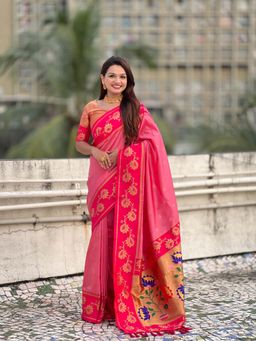ELITE WEAVES - Pink Soft Silk Lotus Paithani Saree With Unstitched Blouse