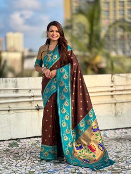ELITE WEAVES - Brown Soft Silk Lotus Paithani Saree With Unstitched Blouse