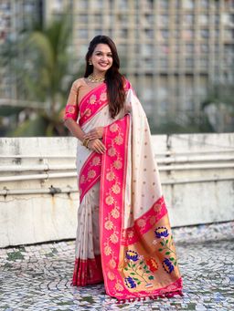 ELITE WEAVES - Cream Soft Silk Lotus Paithani Saree With Unstitched Blouse