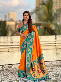 ELITE WEAVES - Orange Soft Silk Lotus Paithani Saree With Unstitched Blouse