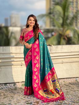 ELITE WEAVES - Green Soft Silk Lotus Paithani Saree With Unstitched Blouse