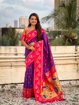 ELITE WEAVES - Purple Soft Silk Lotus Paithani Saree With Unstitched Blouse