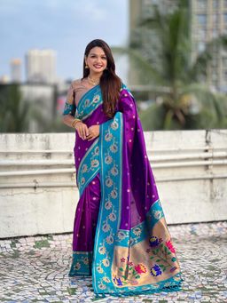 ELITE WEAVES - Purple Soft Silk Lotus Paithani Saree With Unstitched Blouse