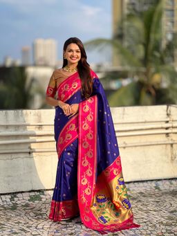 ELITE WEAVES - Blue Soft Silk Lotus Paithani Saree With Unstitched Blouse