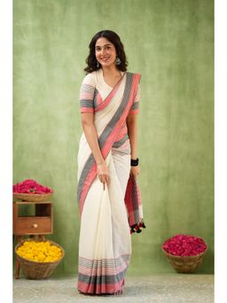 Sutisancha - Off White Cotton Woven Saree With Unstitched Blouse