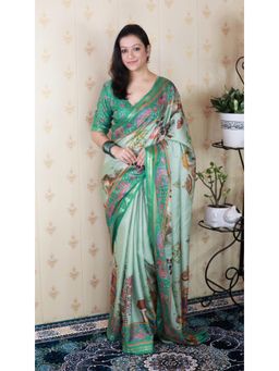ELITE WEAVES - Green Tussar Silk Pattachitra Zari Woven Saree With Unstitched Blouse