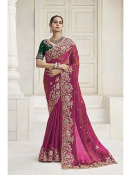 Suha - Fendi Fabric Rani Pink Colour Threads Saree With Unstitched Blouse