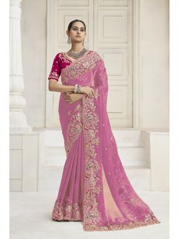 Suha - Fendi Fabric Pink Colour Threads Saree With Unstitched Blouse