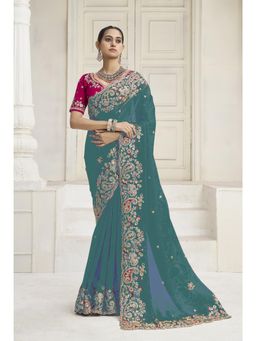 Suha - Fendi Fbric Rama Green Colour Threads Saree With Unstitched Blouse