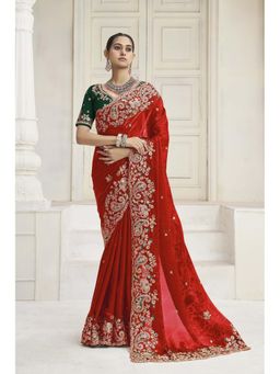 Suha - Fendi Fabric Red Colour Threads Saree With Unstitched Blouse