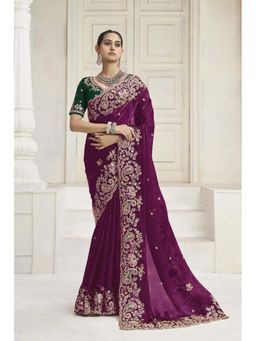 Suha - Fendi Fabric Wine Colour Threads Saree With Unstitched Blouse