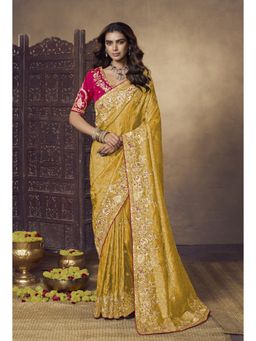 Suha - Jecquard Fabric Yellow Colour Threads Saree With Unstitched Blouse