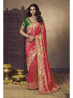 Suha - Jecquard Fabric Jecquard Fabric Red Colour Saree With Unstitched Blouse